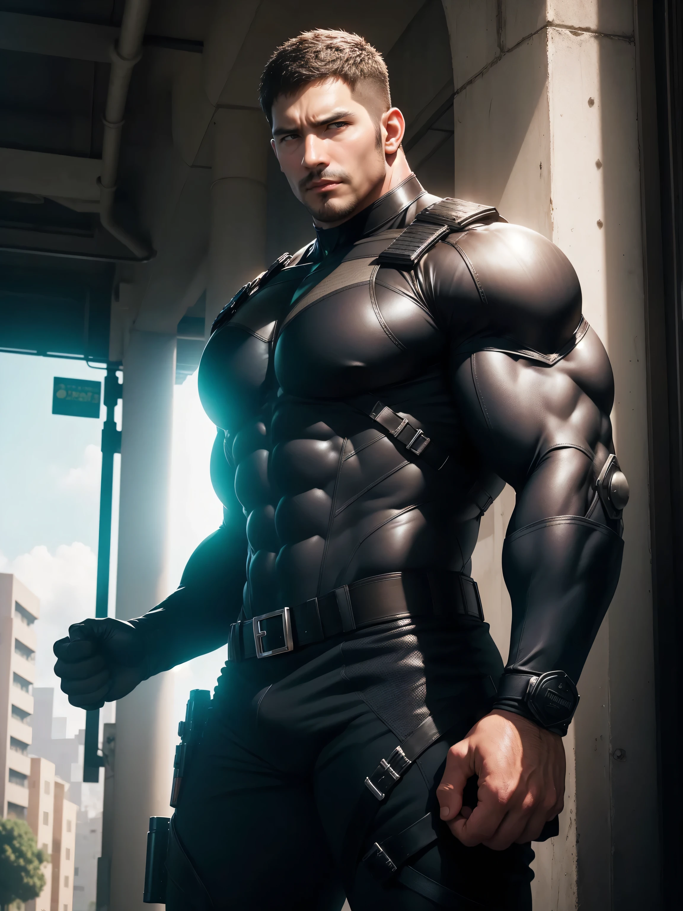 One Tall giant muscular police officer, Mechanical masks, Big Black Mask, on the street outdoors, Brown Superhero Bodysuit, The expression is arrogant, Lift your chin, Messy hair, Thick thighs, Brown Superhero Bodysuit, very tight, Regular symmetrical pattern, Highlight muscles, Police uniform pants, character concept(Resident Evil - Chris Redfield, Chris Redfield)A proud expression, Deep and charming eyes, Heroic male pose, tall Burly, muscular!muscular thighs, tough guy, perfect facial features, High, Burly, Heqiang, Super Buff and Coolness, High Resolution Committee, Charismatic strongman, The sun is blazing, dazzling