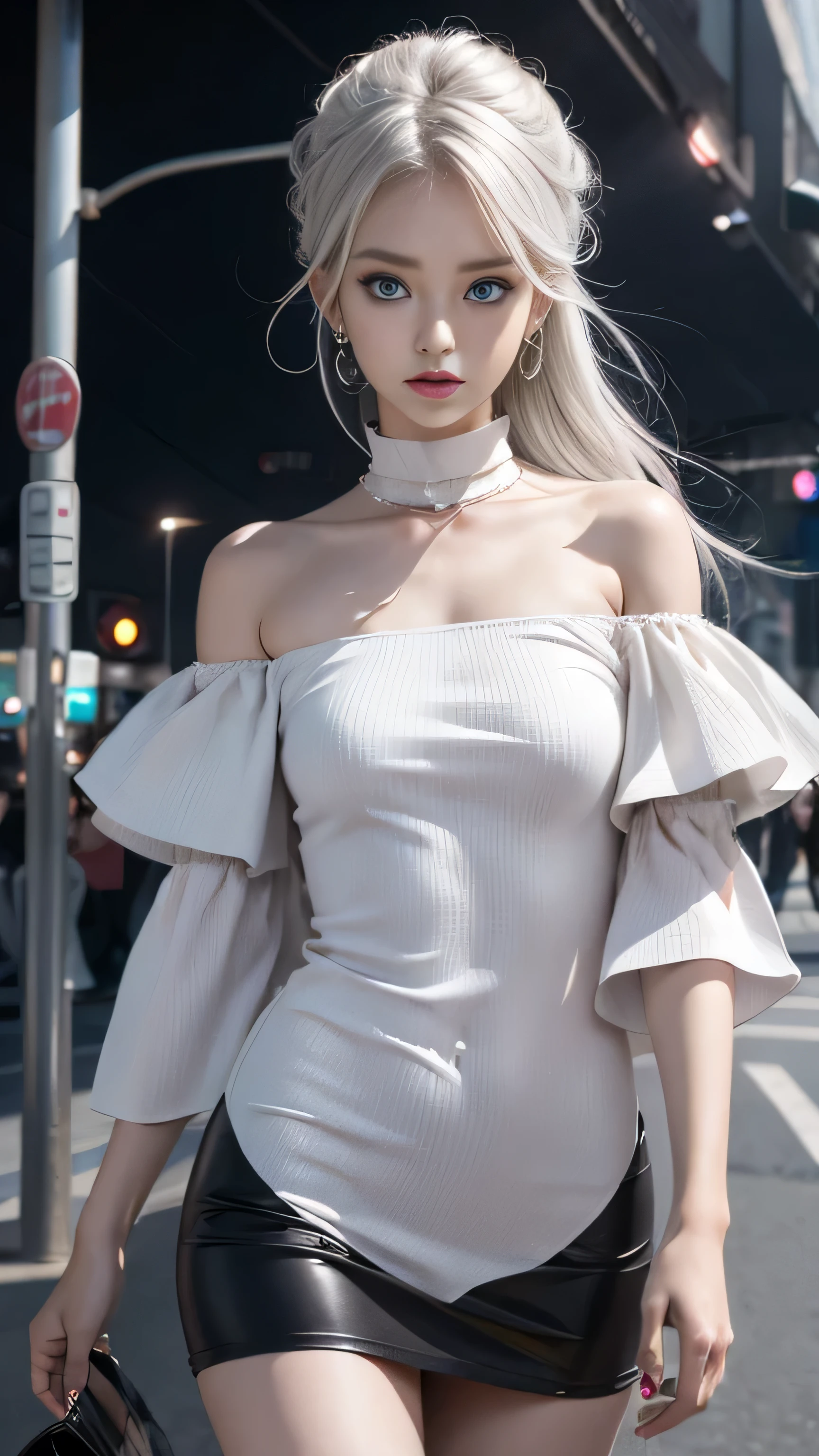 double whirlwind pattern design garment，Iris heterochromatic pupil，silver-haired girl，free high resolution,off shoulders、