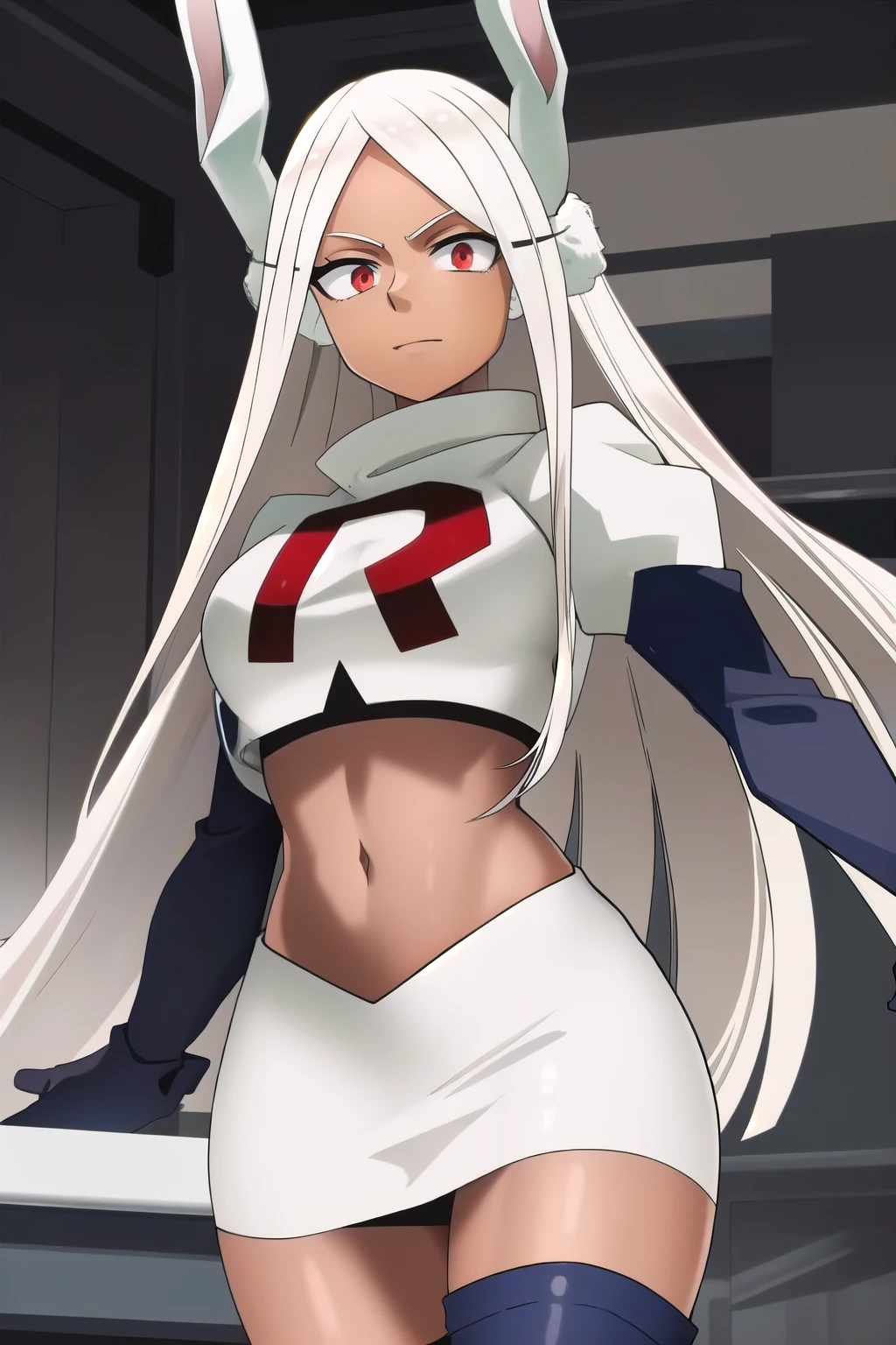 ((best quality)), ((highly detailed)), masterpiece, (detailed eyes, deep eyes), (1girl), (cowboy shot), mirkomha, boku no hero academia, white hair, very long hair, (red eyes), ((dark skin:1.3)), muscular female, rabbit ears, large breasts, team rocket,team rocket uniform,white skirt,red letter R,crop top,black thigh-highs,black elbow gloves