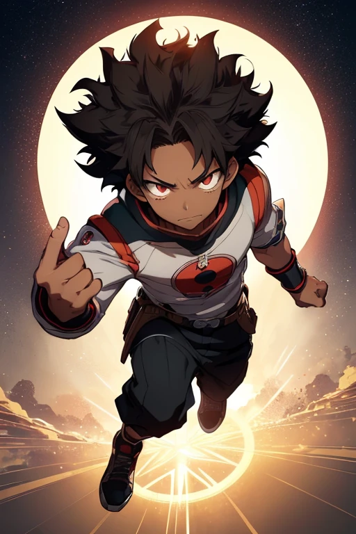 (Boy),(Boku no hero academia anime style),(16 year old ager),(young man),(light brown skin color),(average physical height of a teen),(short black curly Brazilian Afro style hair) ,(with the eyes transforming into a kind of Sharingan with just a circle in the middle of the eye and rings shining with light that give a tone of eternity)