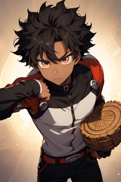 (Boy),(Boku no hero academia anime style),(16 year old teenager),(young man),(light brown skin color),(average physical height of a teenager),(short black curly Brazilian Afro style hair) ,(with the eyes transforming into a kind of Sharingan with just a circle in the middle of the eye and rings shining with light that give a tone of eternity)