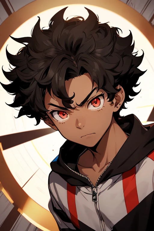 (Boy),(Boku no hero academia anime style),(16 year old teenager),(young man),(light brown skin color),(average physical height of a teenager),(short black curly Brazilian Afro style hair) ,(with the eyes transforming into a kind of Sharingan with just a circle in the middle of the eye and rings shining with light that give a tone of eternity)