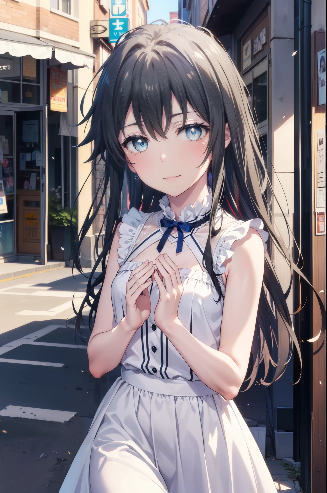 yukinoyukinoshita, Yukino yukinoshita, Black Hair, blue eyes, Long Hair,smile, Small breasts,happy smile, smile, Close your mouth,
, Sleeveless white dress,White long skirt,Cute Sandals,walking,Real Summer,Daytime,sunny,whole bodyがイラストの中に入っていくように,
break outdoors ,city,Building district, break looking at viewer, whole body,
break (masterpiece:1.2), highest quality, High resolution, unity 8k wallpaper, (shape:0.8), (Beautiful and beautiful eyes:1.6), Highly detailed face, Perfect lighting, Extremely detailed CG, (Perfect hands, Perfect Anatomy),