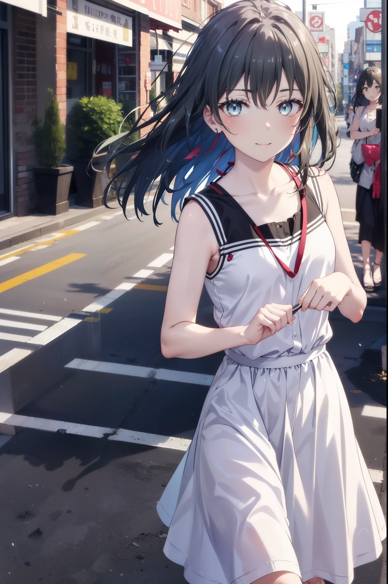 yukinoyukinoshita, Yukino yukinoshita, Black Hair, blue eyes, Long Hair,smile, Small breasts,happy smile, smile, Close your mouth,
, Sleeveless white dress,White long skirt,Cute Sandals,walking,Real Summer,Daytime,sunny,whole bodyがイラストの中に入っていくように,
break outdoors ,city,Building district,　　　　　　　　　　　　　　　break looking at viewer, whole body,
break (masterpiece:1.2), highest quality, High resolution, unity 8k wallpaper, (shape:0.8), (Beautiful and beautiful eyes:1.6), Highly detailed face, Perfect lighting, Extremely detailed CG, (Perfect hands, Perfect Anatomy),