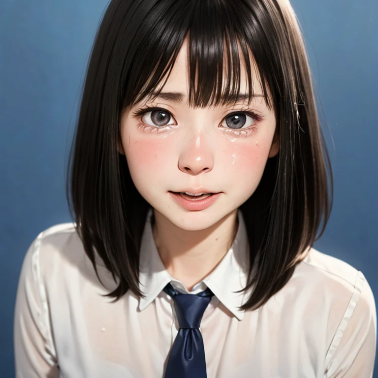 NSFW, (kawaii 24 year-old Japanese girl, Nogizaka idol, Korean idol), (glossy hair, very short hair, bangs:1.3), (beautiful black eyes, rounded face, single eyelid, no makeup, embarrassed, noseblush, crying:1.4), (sex silly, half opened mouth:1.5), cum on face, (wearing suit jacket, collared shirt, necktie:1.3), (extra small breasts:0.9), (looking at away out of frame:1.3), BREAK, (simple blue background:1.3), (view from forward, bust shot:1.3), BREAK, (masterpiece, best quality, photo realistic, official art:1.4), (UHD, 8K quality wallpaper, high resolution, raw photo, golden ratio:1.3), (shiny skin), professional lighting, physically based rendering, award winning, (highly detailed skin, extremely detailed face and eyes), Carl Zeiss 85 mm F/1.4, depth of field, 1girl, solo,