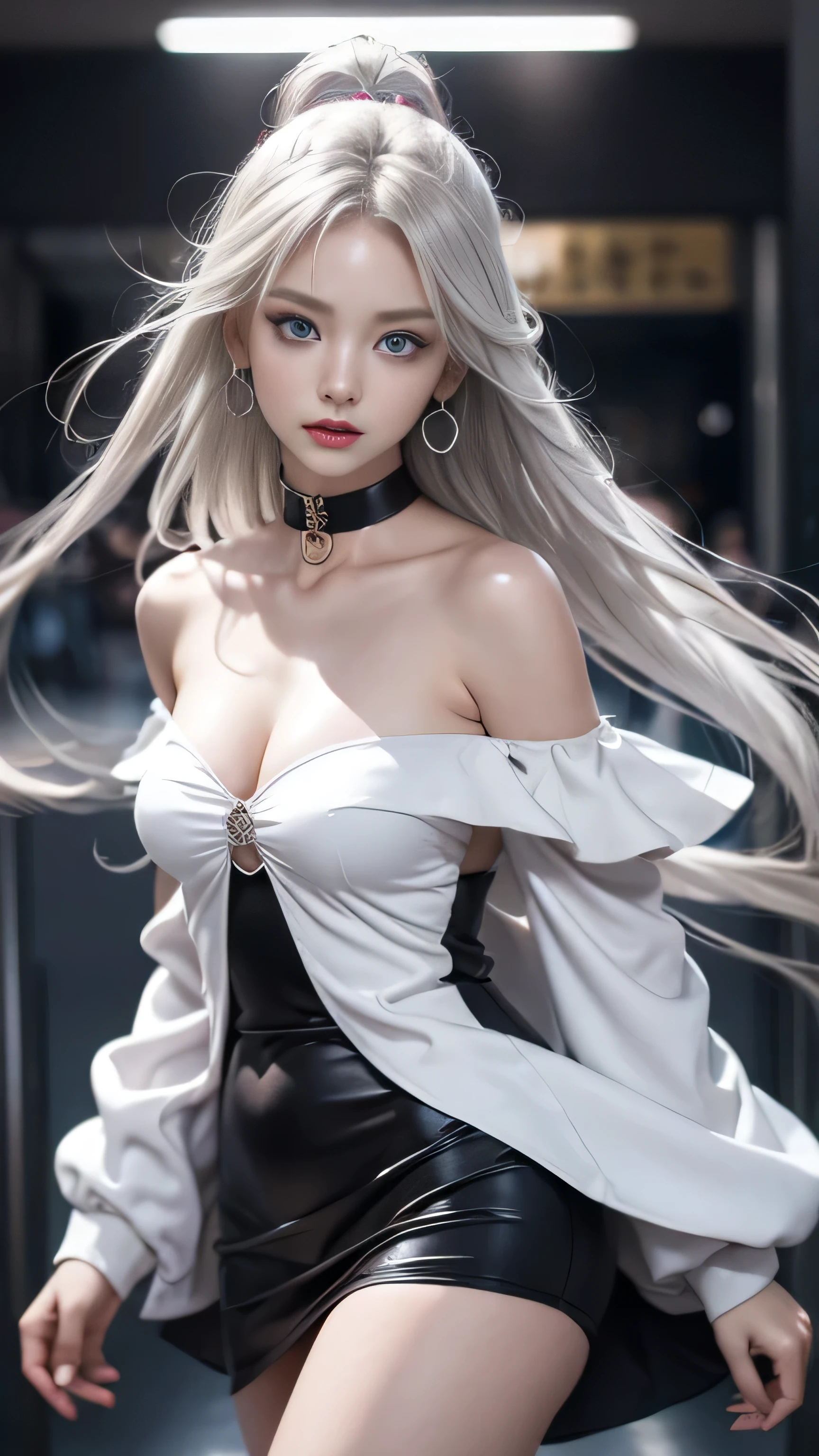 double whirlwind pattern design garment,Iris heterochromatic pupil,silver-haired girl,free high resolution,off shoulders、
