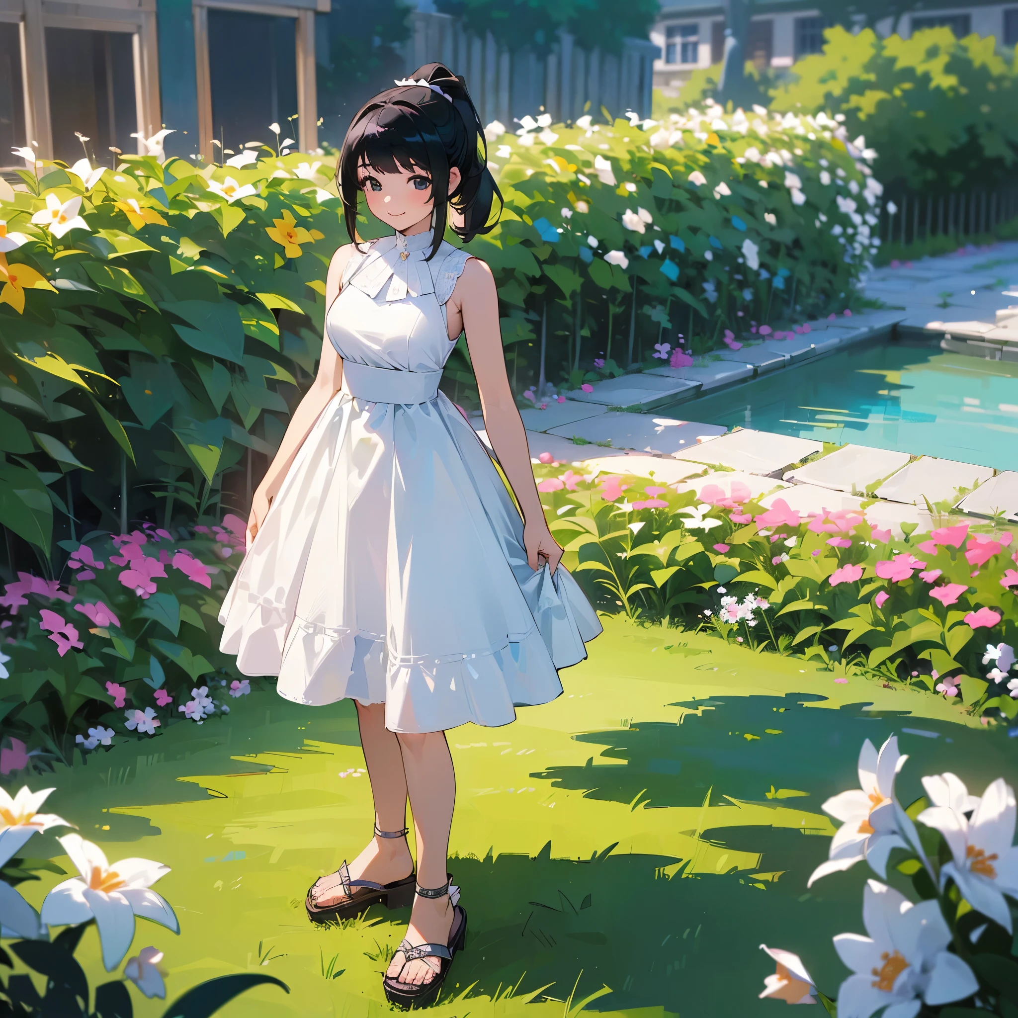 (high quality, High resolution, Very detailed, reality:1.37), Peaceful atmosphere, (Outdoor, garden), age girl standing alone, (my breasts are big.), Beautiful details, Cute Smile, (Black hair ponytail), White sleeveless dress, Sandals.