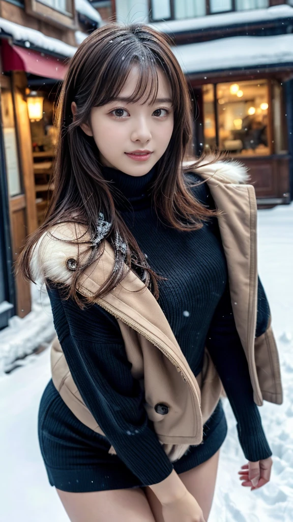 muste piece, best quality, illustration, Super detailed, fine details, High resolution, 8K,wall paper, perfect dynamic composition,(Details High quality, realistic depiction of eyes:1.3), (Wear a thick, large fur coat and a turtleneck knit elegantly:1.3), epic movie lighting, (Romantic affection:1.1), (The most romantic and moody atmosphere:1.1), winter, snow scene, snowing, (Walking in the snow in Norway:1.1), (Emphasize body line:1.1), short bob hair, black hair color, Big Natural Color Lip, bold sexy pose, (perfect body shape), crying a little、cold gaze, Harajuku style、20 year old girl、cute type, beautiful legs, hposing Gravure Idol, Voluptuous thighs, blurred background、accurate anatomy、Ultra HD Hair、Perfect and beautiful teeth in ultra high resolution、Ultra high definition beauty face、Ultra HD Hair、Ultra-high definition sparkling eyes、(close up of face:1.1)
