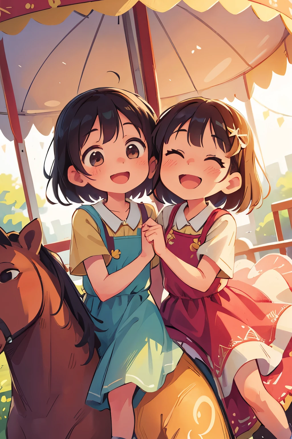 Two sisters joyously riding a carousel, grinning ears to ears, sunlit tickets in hand, vibrant dresses fluttering in the breeze,, joyous laughter ringing through the air, playful excitement reflecting in their bright, twinkling eyes, sisterly bond on full display. (high quality, masterpiece, ultra high res, photorealistic, warm lighting, happy expressions, siblings, carousel ride, joyful, relaxed, colorful outfits, smiles)