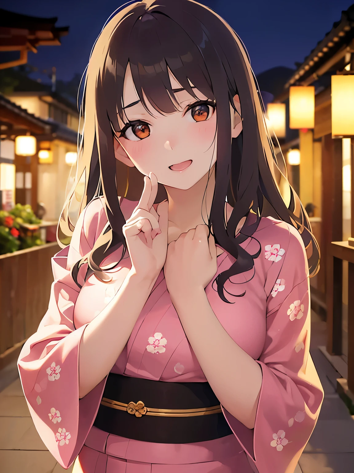 head tilt、Placing hand on cheek, Biologically correct five fingers、A close-up of your face、Realistic, real person, (pale skin: 1.2), RAW photo, photorealistic, shiny skin, shiny hair、(25 year old woman with bangs) and (wavy hair) and (brown hair) and (orange eyes) , (yukata) and (pink) and (Floral patterns)、(embarrassed:1.3), smile, open mouth, The background is a Japanese park at night、Alone、Are standing