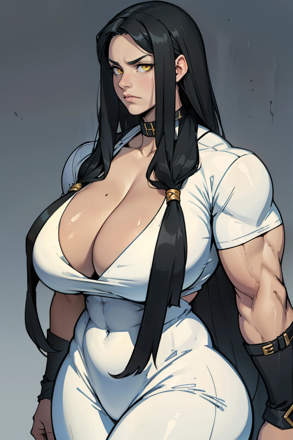 huge huge breastsreasts musculular muscular thick thick thick black hair yellow eyes pale skin female sad frown cleavage long straighong straight hair long straight hair long straight hair