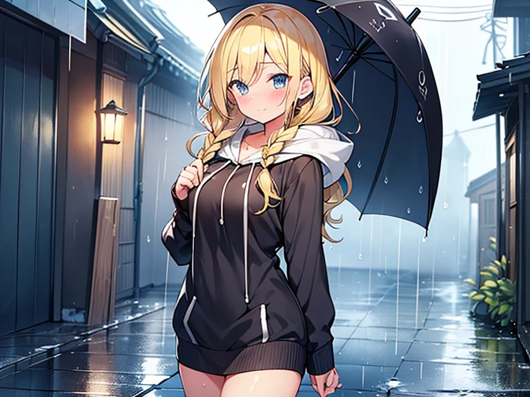 Top quality, (1 beautiful girl), junior high school student, Blonde, Braided hair, Medium Hair, Wavy Hair, Big breasted, standard weight, hoodie, wet, blush, walking, an umbrella, rainy, beautiful scene of alley, water drops, cowboy shot