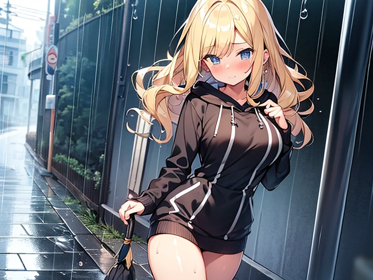Top quality, (1 beautiful girl), junior high school student, Blonde, Braided hair, Medium Hair, Wavy Hair, Big breasted, standard weight, hoodie, wet, blush, walking, an umbrella, rainy, beautiful scene of alley, water drops, cowboy shot