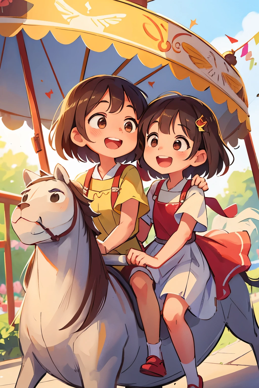 Two sisters joyously riding a carousel, grinning ears to ears, sunlit tickets in hand, vibrant dresses fluttering in the breeze,, joyous laughter ringing through the air, playful excitement reflecting in their bright, twinkling eyes, sisterly bond on full display. (high quality, masterpiece, ultra high res, photorealistic, warm lighting, happy expressions, siblings, carousel ride, joyful, relaxed, colorful outfits, smiles)