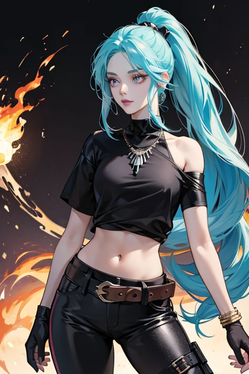 Ember is a ghost with pale skin, her hair is cyan and is put in a flaming ponytail. She has two strands of hair framing her face that look like an angular M and purple lipstick. Her clothing consists of a black necklace around her neck, a black one-shoulder t-shirt that exposes her midriff, a long glove that covers most of her right arm, and a bracelet. black on her left wrist. She wears leather pants with a silver belt and skull boots.  SPARKLE; GLITTER