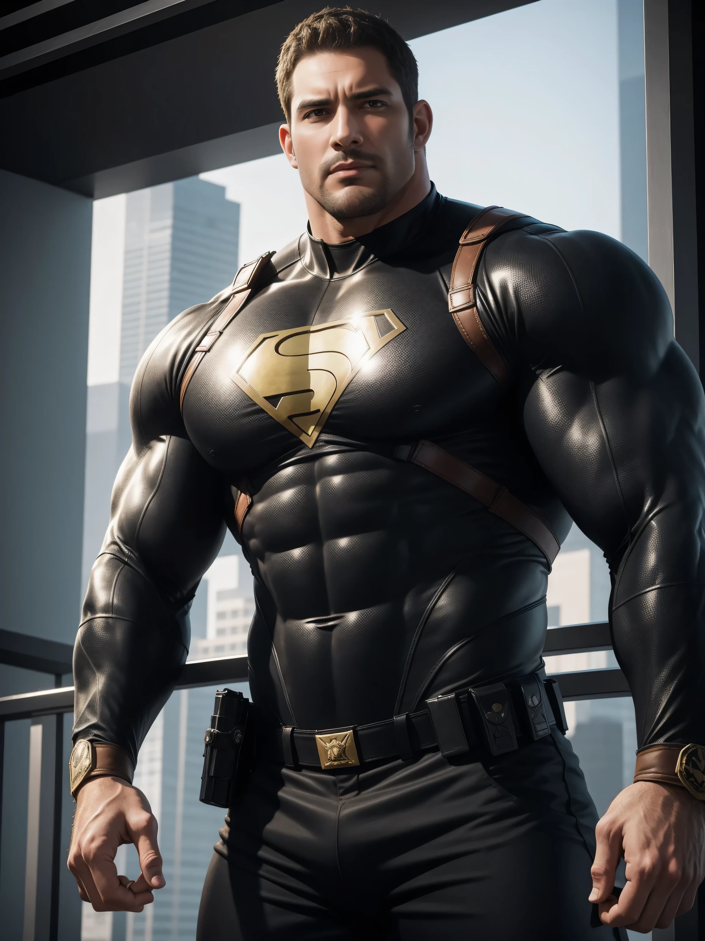 One Tall giant muscular police officer, Police uniform, Brown Superhero Bodysuit, The expression is arrogant, Lift your chin, Messy hair, Thick thighs, Brown Superhero Bodysuit, very tight, Regular symmetrical pattern, Highlight muscles, Police uniform pants, character concept(Resident Evil - Chris Redfield, Chris Redfield)A proud expression, Deep and charming eyes, Heroic male pose, tall Burly, muscular!muscular thighs, tough guy, perfect facial features, High, Burly, Heqiang, Super Buff and Coolness, High Resolution Committee, Charismatic strongman, The sun is blazing, dazzling
