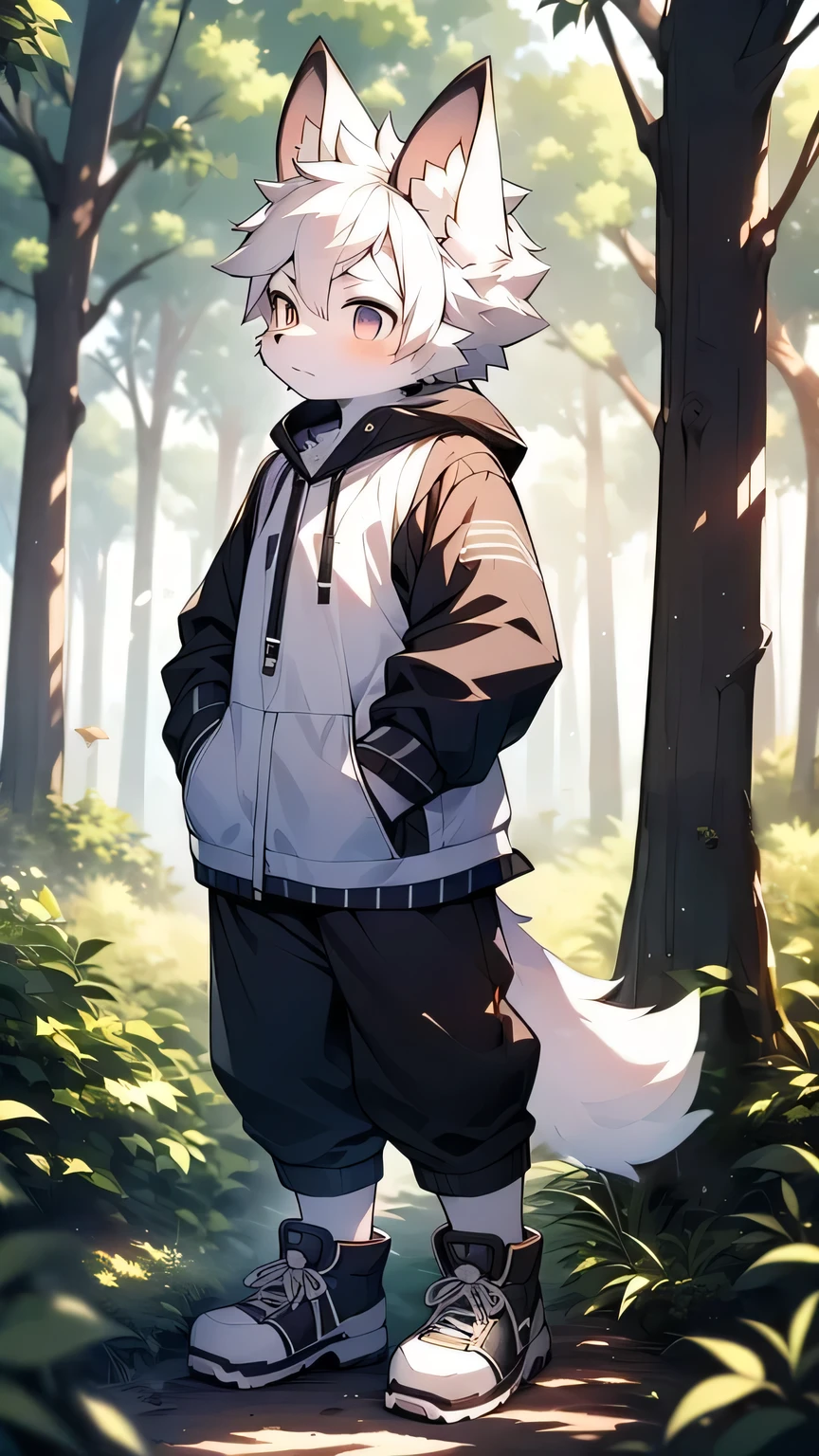 Kirito,Libido boy,furry wolf,((Shota)), Black and white hair, Very good figure, Handsome,adolable, Light:Hazy light and shadow, Reflective skin,Reddish skin,((worn-out clothing,Commoner)) ,((forest,solo,solo person)),Outdoor sunset,((the detail)),(depth of fields),standing on your feet,wearing black sneaker, add a big white furry tail in the selected area, make the tail more bigger