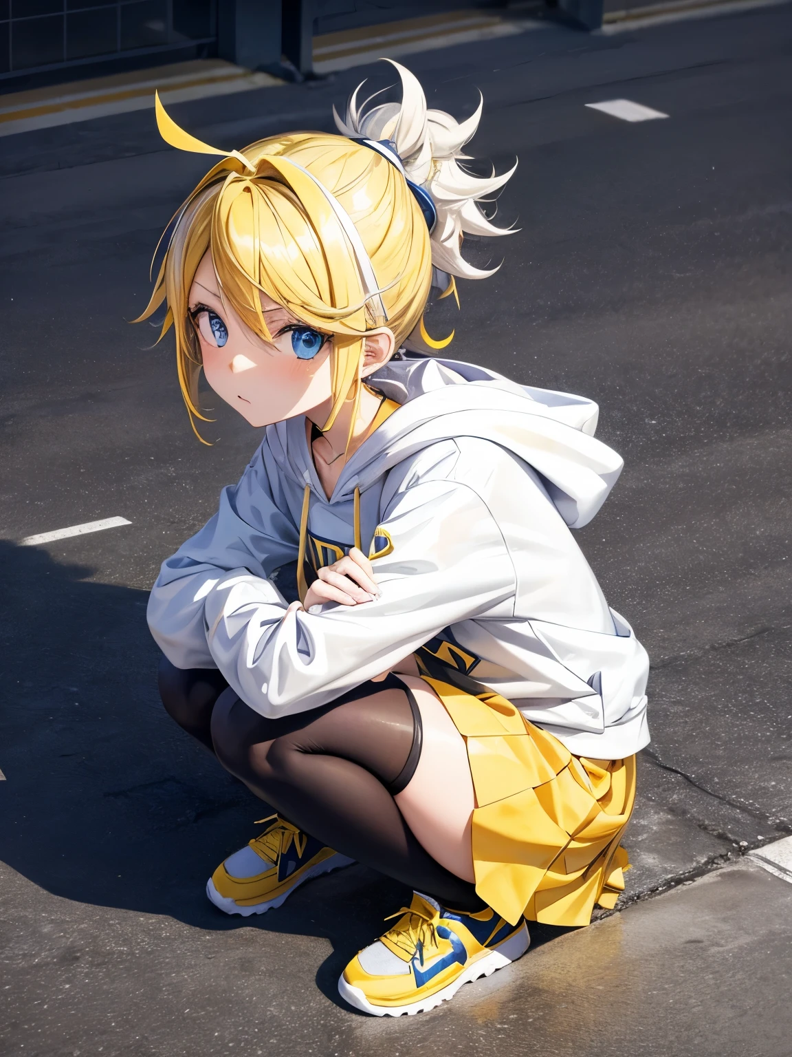 From above at an angle、Kagamine Rin with a troubled expression(I'm putting my hand in my hoodie、Yellow checked skirt、Silver Hair、ponytail、Curly Hair)、Crouching on the ground