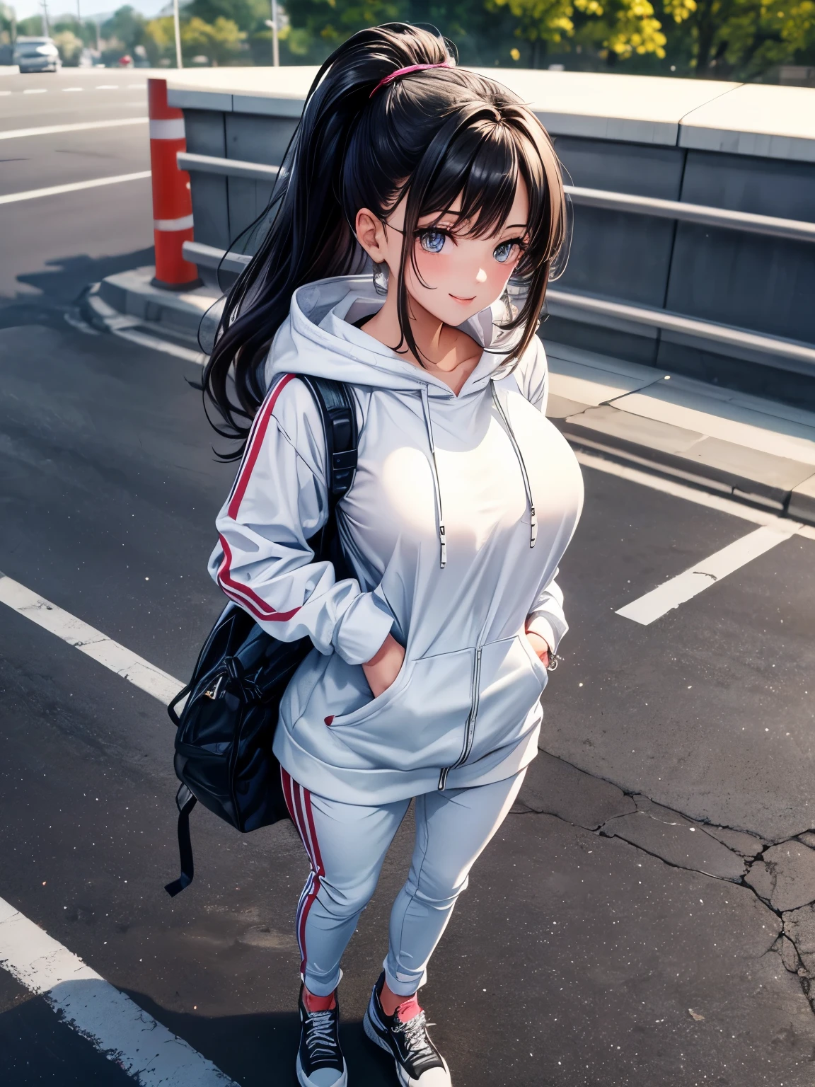 ((best quality)), ((masterpiece)), (detailed), perfect face,(18 years old),(beautiful girl), ponytail,(blackes Braun hair), cute smile (looking at vivers) on a streat road,( full body view),(detailed lips), perfect head ,(detailed face), wers a white hoodi black Stiles short pant that reaches nee, heads in hoodi pocket,(huge breasts),(perfect girl), Korean girl