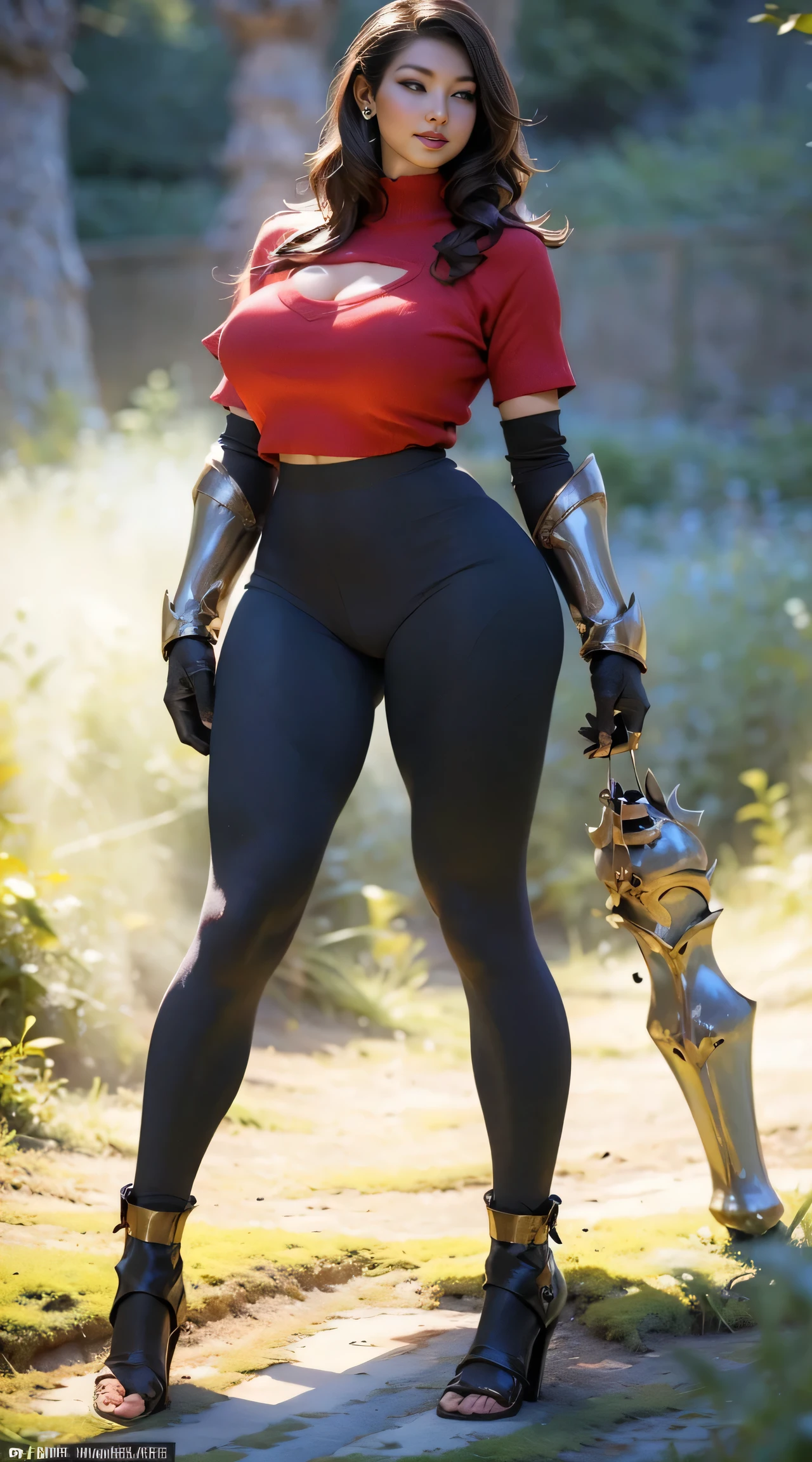One girl, alone, (Huge natural tits:1.3), (Mysterious forest background), ( Cleavage:1.2), (Perfect body, Full Body View:1.5), Muscle Abs:1.3, Ultra high definition, 8k, 1080p.Plump、Plump、Thick thighs Thick waist、White panties、 body、Powerful equipment、Armor、Warrior、Wearing armour、Armed、Dressed in fantasy clothing、Combat Appearance、Knightly、Wearing armor、Wearing armor、Dressed for battle、Puffy nipple、She is spreading her legs boldly、Fighting Pose、Panty shotしている、Panty shot、Panties are slightly visible、Accentuated、Biting、Low-rise panties