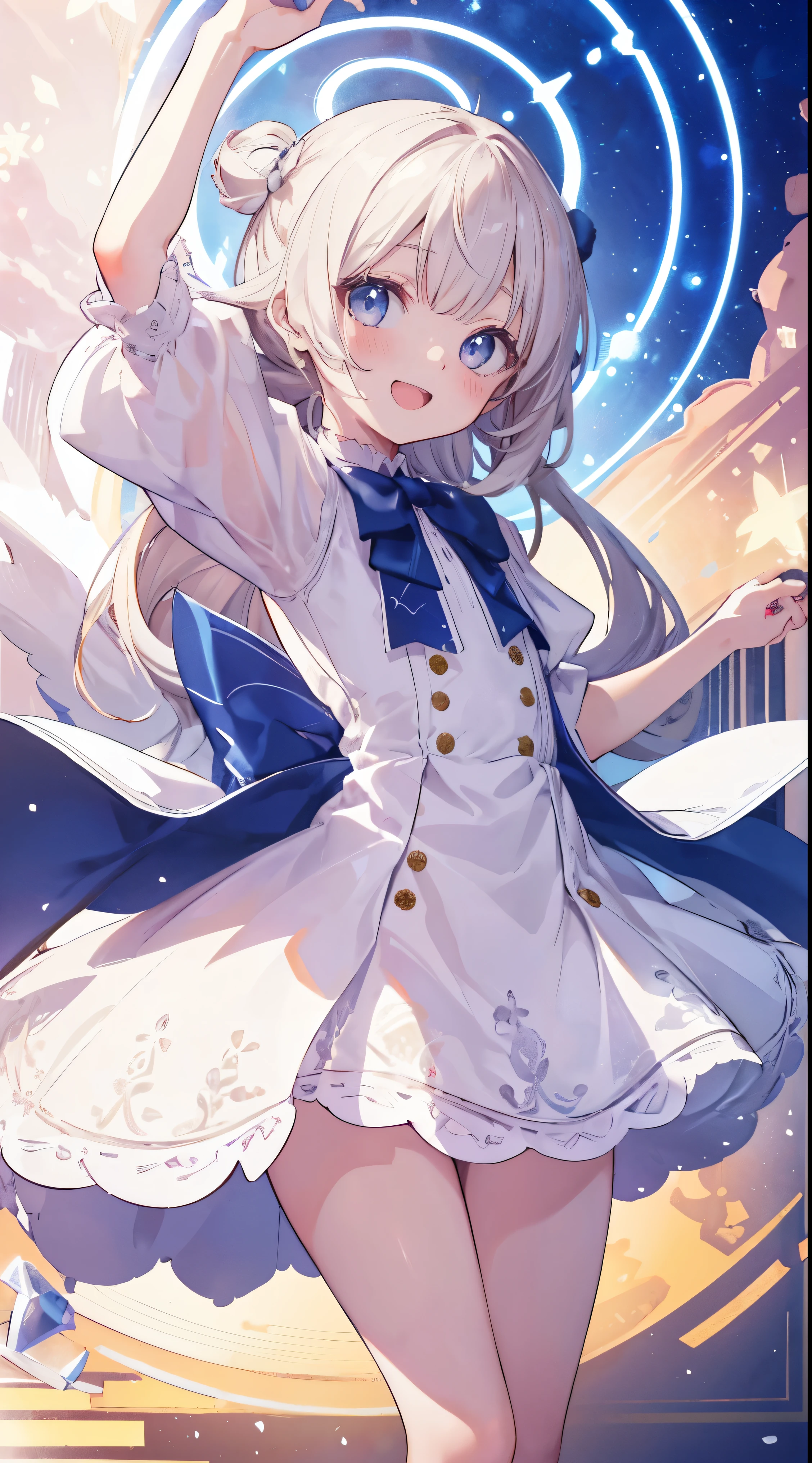 Masterpiece、Highest quality、highest quality、((((Petite))))、(Open Mouth Smile)、Shiny hair quality、Small face、Dynamic pose、Super detailed, beautiful, wide eyes、Ultra-detailed, clear and beautiful faces、(cute illustration:1.2), High-resolution, ultra-detailed, best quality, embarrassed、Thighs