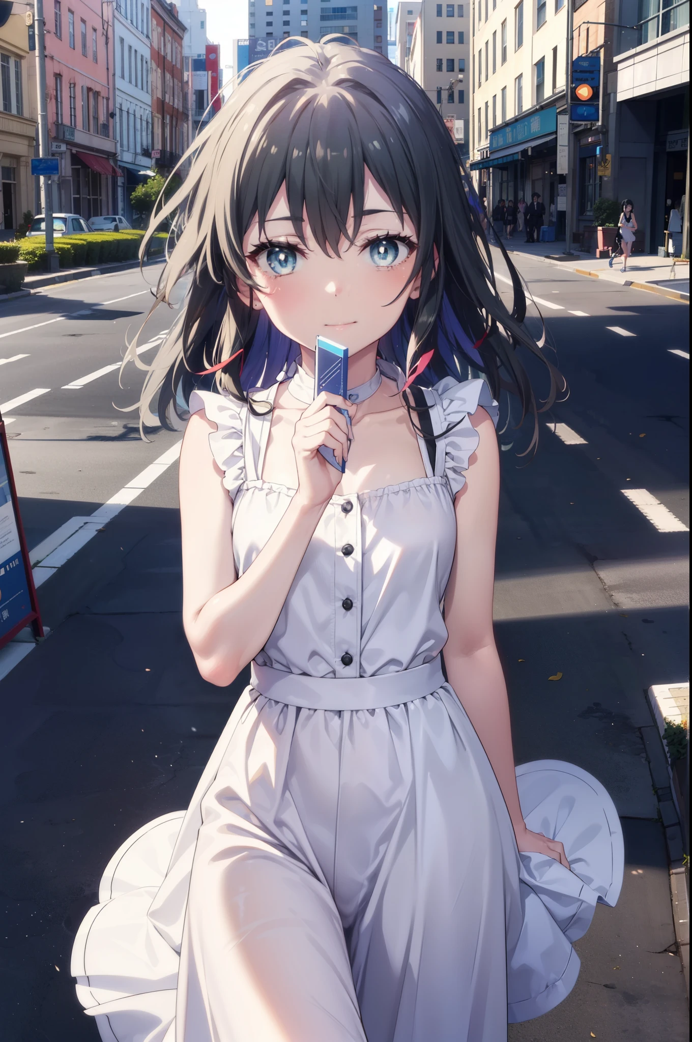 yukinoyukinoshita, Yukino yukinoshita, Black Hair, blue eyes, Long Hair,smile, Small breasts,happy smile, smile, Close your mouth,
, Sleeveless white dress,White long skirt,Cute Sandals,walking,Real Summer,Daytime,sunny,whole bodyがイラストの中に入っていくように,
break outdoors ,city,Building district,　　　　　　　　　　　　　　　break looking at viewer, whole body,
break (masterpiece:1.2), highest quality, High resolution, unity 8k wallpaper, (shape:0.8), (Beautiful and beautiful eyes:1.6), Highly detailed face, Perfect lighting, Extremely detailed CG, (Perfect hands, Perfect Anatomy),