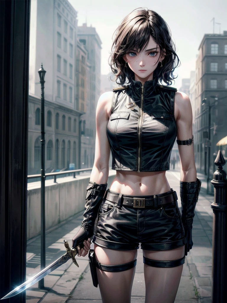 whole body, long sword, Black military uniform, Ladies' military vests, absurdres, RAW photo, extremely delicate and beautiful, masterpiece, Best Quality, ultra high resolution, 32k, hyperrealistic, ultra-detailed, tearful mole, earring, short medium hair, wavy hair, urban backdrop, shorts, midriff,