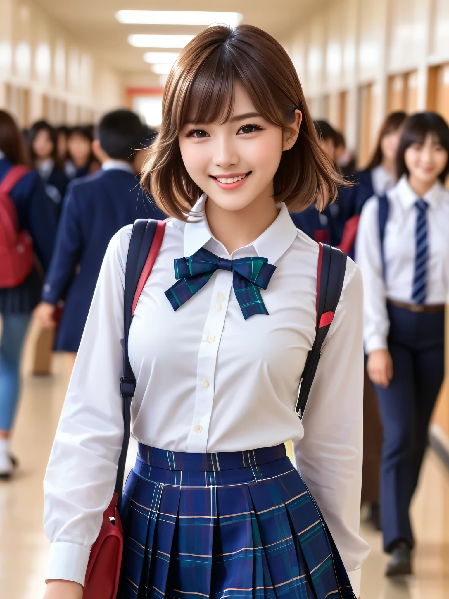 product quality, 1girl, upper body shot, front view, a Japanese young pretty girl, 18 years old, short hair, walking with a big smile on a crowded corridor in a high school, glamorous figure, busty, wearing a white collared shirt of long sleeves, plain dark blue bow tie, dark blue tartan plaid pleated skirt, a school bag on her shoulder, hyper cute face, glossy lips, double eyelids in both eyes, natural makeup, long eyelashes, shiny smooth light brown hair, asymmetrical bangs, fair skin, central image, high resolution, high detail, detailed hairstyle, detailed face, spectacular cinematic lighting, octane rendering, vibrant, hyper realistic, perfect limbs, perfect anatomy