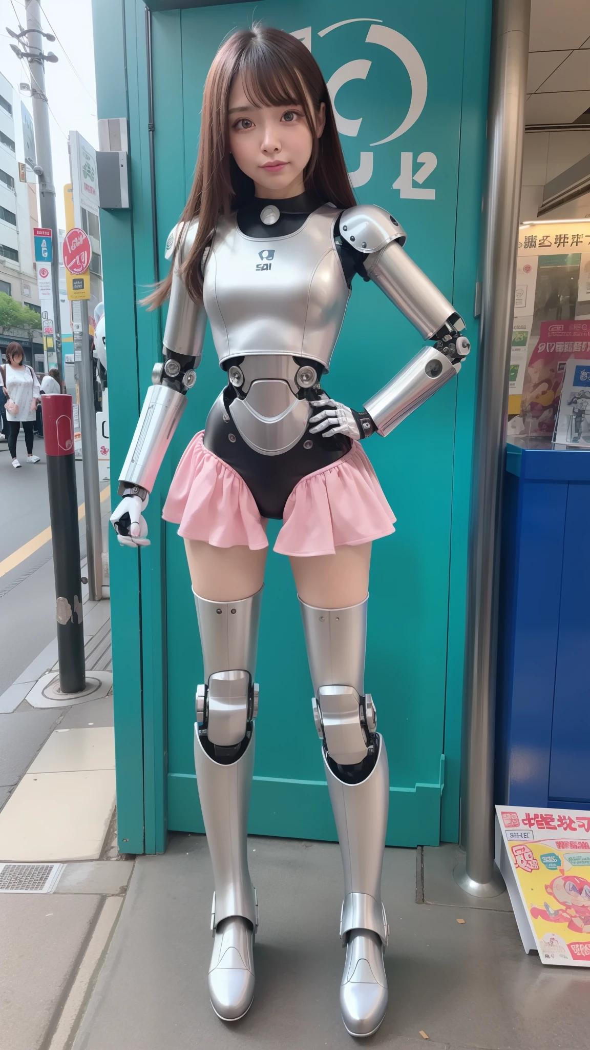 Robot Girl, pink there, Silver, Metallic body, Robot Parts, Metal Parts, Super Detailed Face, Super well-formed face, of the highest quality, a small face, a small head, Brown hair, Slender body, Camera gaze, Internal Mechanical Exposure, Idol, front facing, Well-proportioned body, sale, Exhibited, Event Hall, Moe Pose, pink metallic Lolita dress machine armor, Standing with legs open, Model body type, sad, Embarrassing,(Perfect Robot Girl),(Perfect machine body)