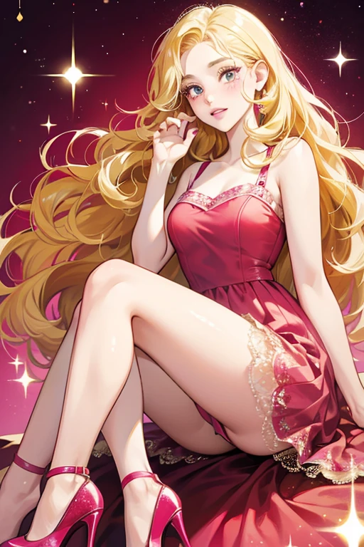 Megan has pale white skin, with three freckles on her cheek, and has curly blonde hair. She also wears a magenta-dress and wears red high heels. SPARKLE; GLITTER