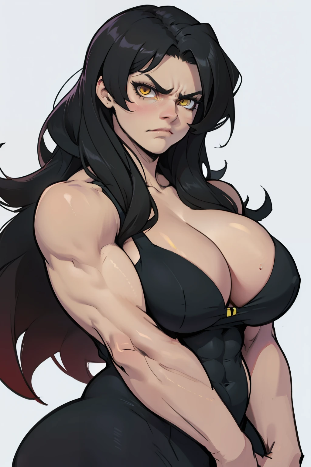 huge breasts huge breasts huge breasts muscular muscular muscular thick thick thick black hair yellow eyes pale skin female sad frown cleavage long straight hair long straight hair long straight hair long straight hair