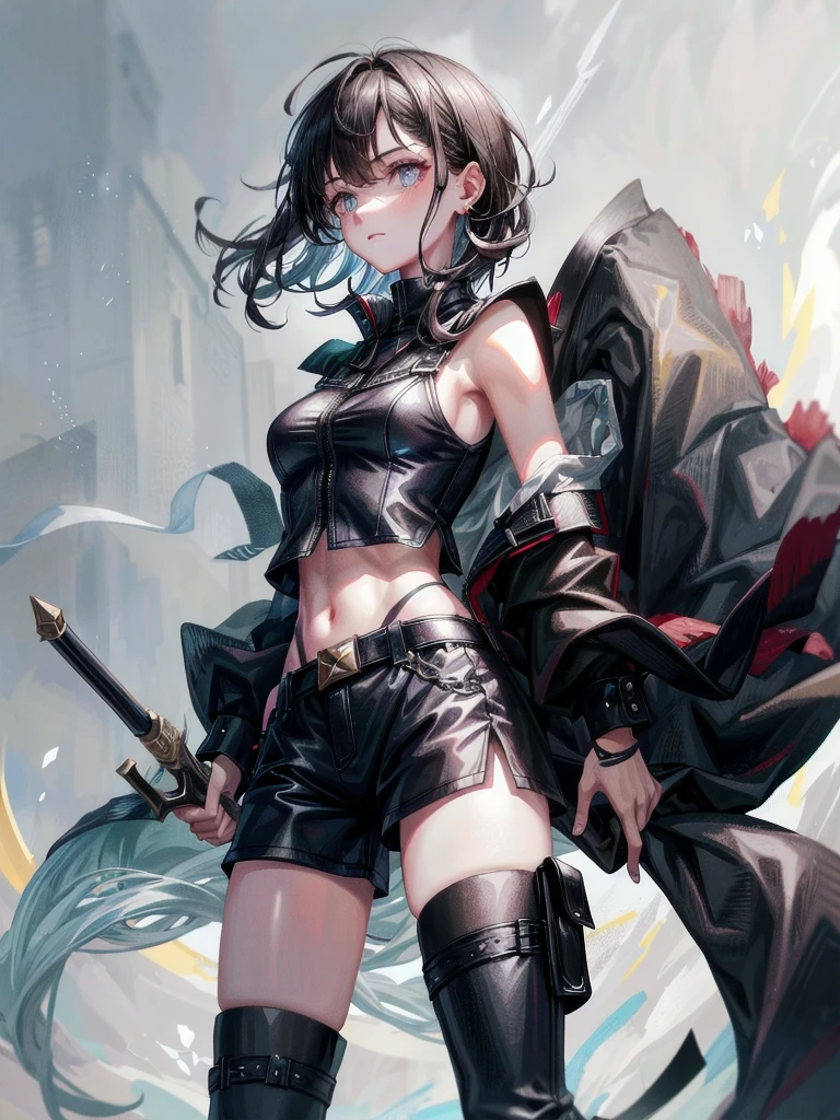 Girl, Thin legs, Navel exposed, Wearing boots, Being attacked by enemies, He closes his eyes in pain and cries, Wearing a jacket