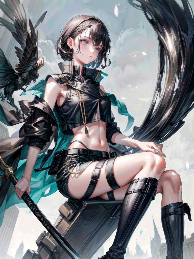whole body, long sword, Black military uniform, Ladies' military vests, absurdres, RAW photo, extremely delicate and beautiful, masterpiece, Best Quality, ultra high resolution, 32k, hyperrealistic, ultra-detailed, tearful mole, earring, short medium hair, wavy hair, urban backdrop, shorts, midriff,