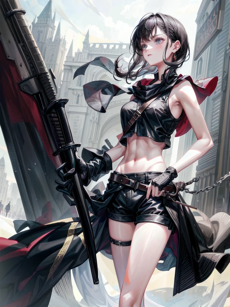 Rogue human woman, with red hair and black streaks, long high ponytail, white corset, black mini skirt, black thigh high boots, black jacket, holding a knife