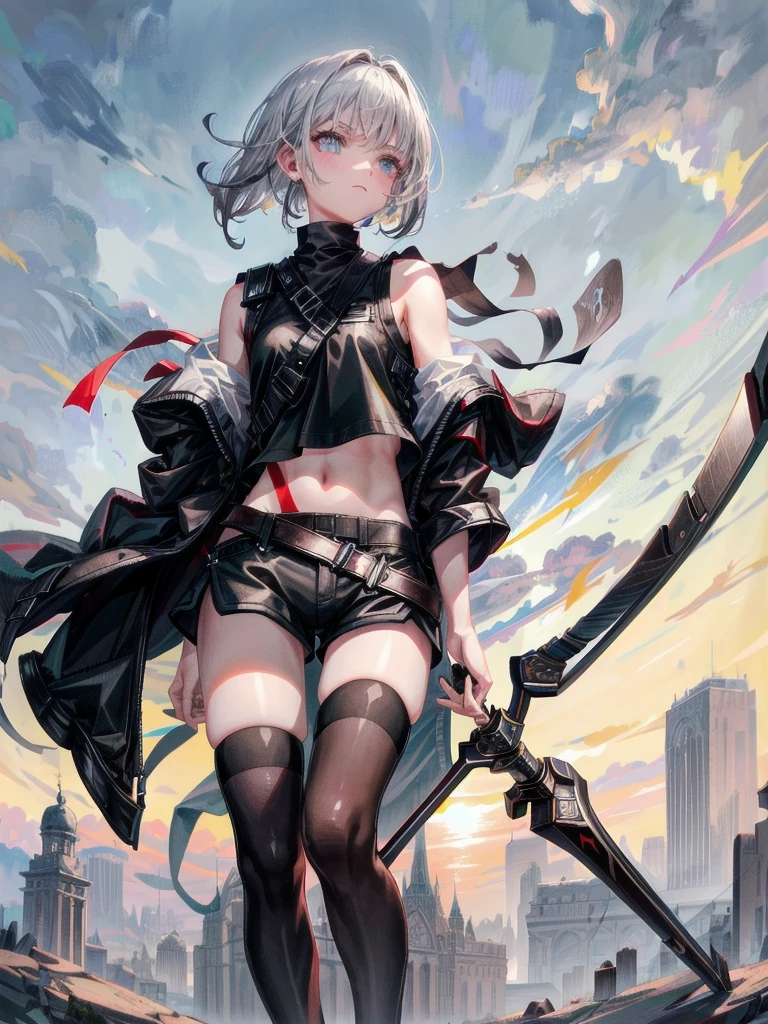 whole body, long sword, Black military uniform, Ladies' military vests, absurdres, RAW photo, extremely delicate and beautiful, masterpiece, Best Quality, ultra high resolution, 32k, hyperrealistic, ultra-detailed, tearful mole, earring, short medium hair, wavy hair, urban backdrop, shorts, midriff,