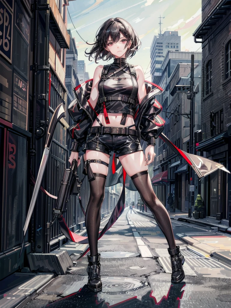 ((Highest quality)), ((masterpiece)), ((detailed)), (4K), 1girl, 独奏, short hair, black hair, eyepatch, purple eye, crop top, leather jacket, Torn miniskirt, suspender skirt, torn pantyhose, panties, panties under pantyhose, choker, bracelet, weapon, rain, (wet), see through, expressionless, ass pov, (looking down)