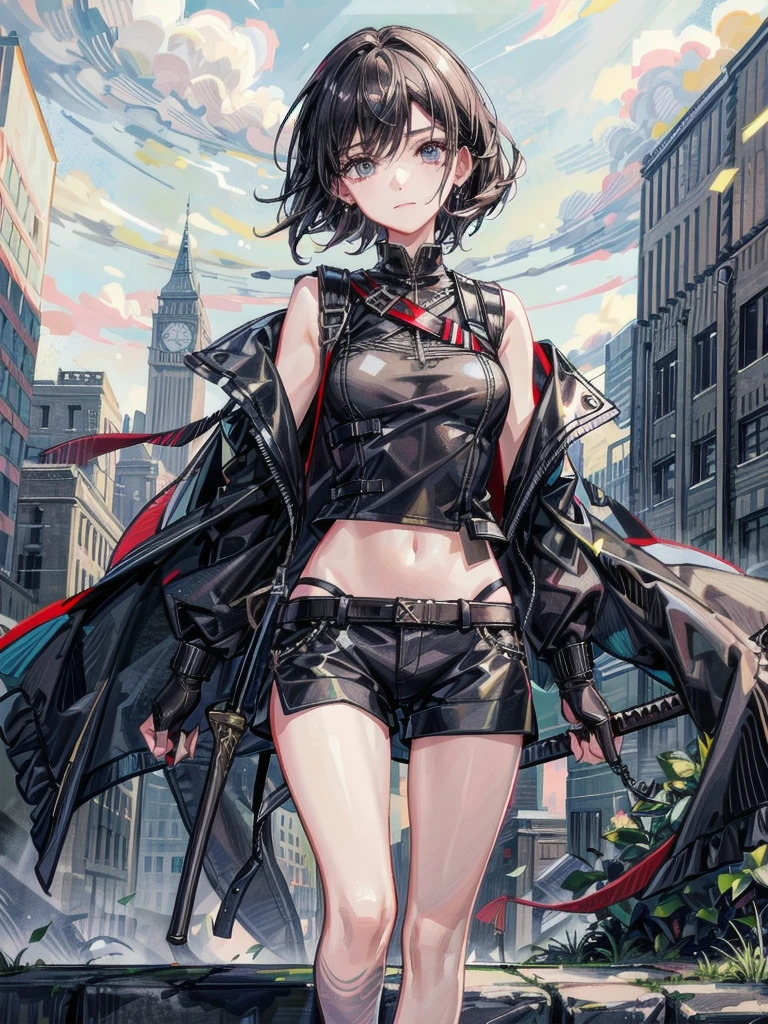 whole body, long sword, Black military uniform, Ladies' military vests, absurdres, RAW photo, extremely delicate and beautiful, masterpiece, Best Quality, ultra high resolution, 32k, hyperrealistic, ultra-detailed, tearful mole, earring, short medium hair, wavy hair, urban backdrop, shorts, midriff, 