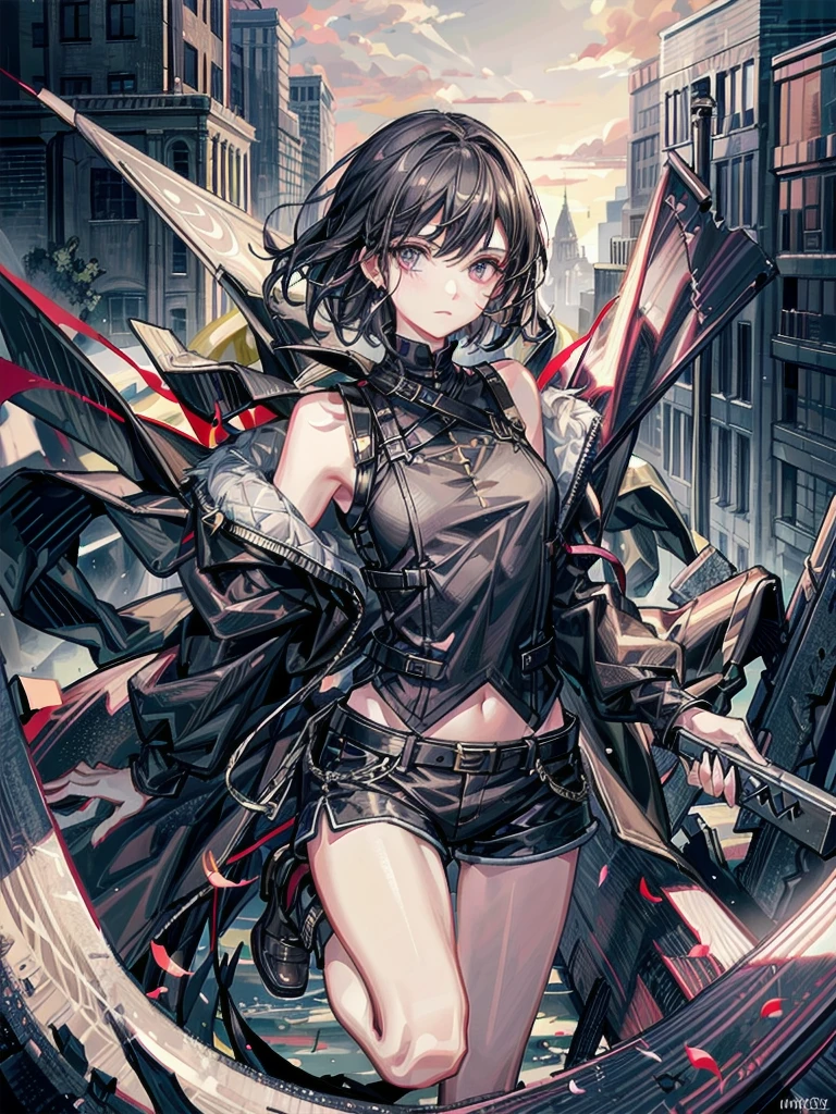 whole body, long sword, Black military uniform, Ladies' military vests, absurdres, RAW photo, extremely delicate and beautiful, masterpiece, Best Quality, ultra high resolution, 32k, hyperrealistic, ultra-detailed, tearful mole, earring, short medium hair, wavy hair, urban backdrop, shorts, midriff,
