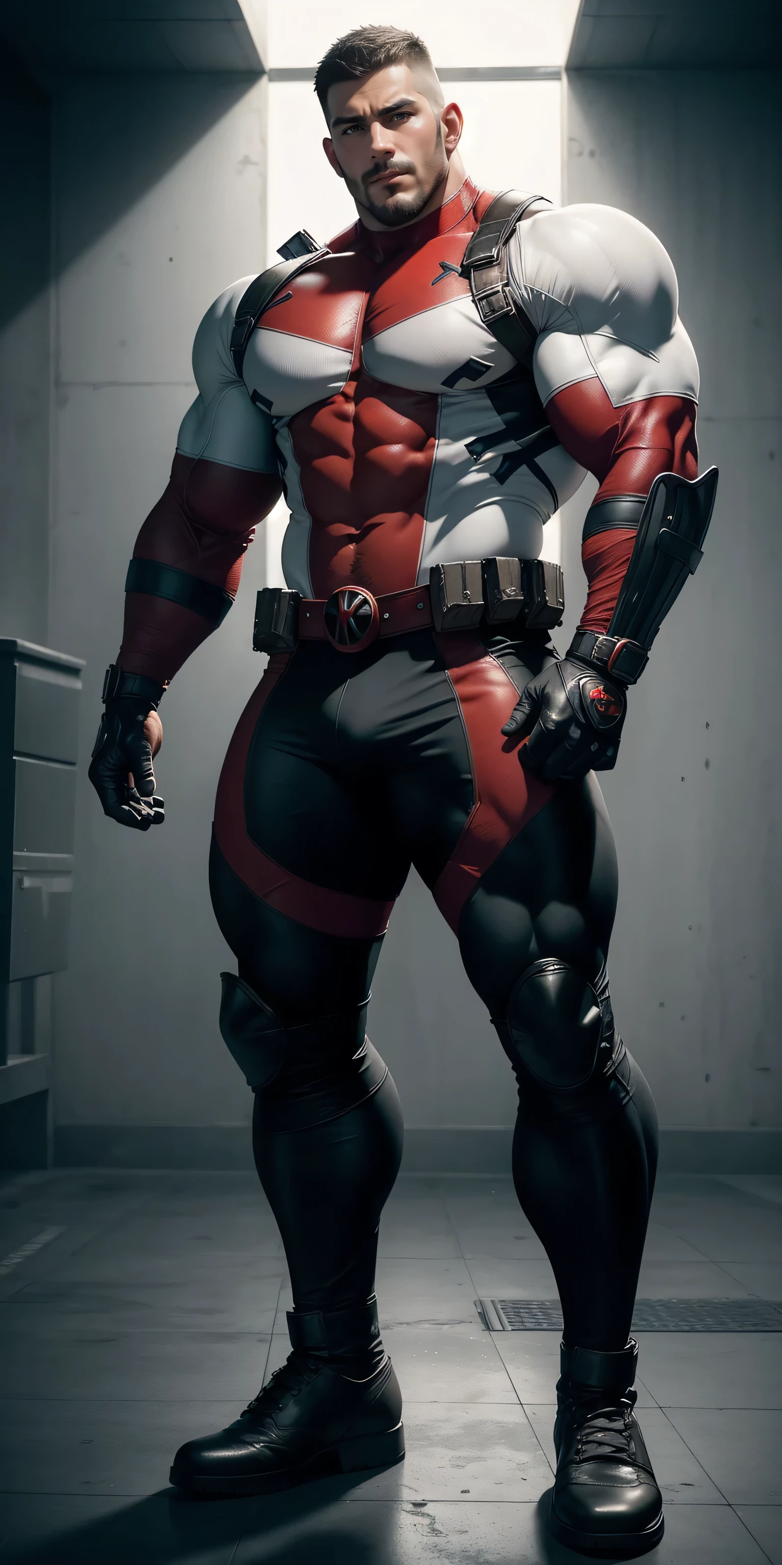 Tall giant muscular man, Super hero：White Deadpool, Black and white striped Deadpool tights, Warm and thick, character concept（Resident Evil - Chris Redfield, Mechanical leather armor, His muscles are huge, Lightweight texture, Small grid texture, Regular symmetrical texture pattern, A sad expression, Deep and charming eyes, emerald eyed hero, Heroic male pose, tall Burly, muscular！Attractive leg muscles, High, Burly, Heqiang, Super Buff and Coolness, High Resolution Committee, Yellow-gray ultra-thin nano-mechanical big-foot boots, Charismatic strongman, The bright sunshine shines on you, Matte particles, Shiny texture, shadow, Chiaroscuro, Divine Light, best quality