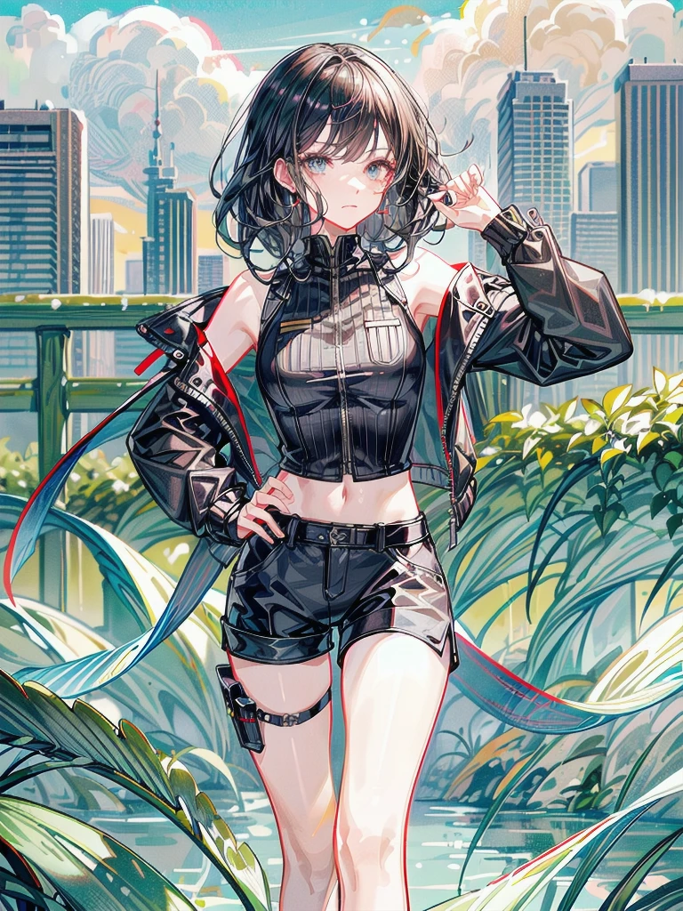whole body, long sword, Black military uniform, Ladies' military vests, absurdres, RAW photo, extremely delicate and beautiful, masterpiece, Best Quality, ultra high resolution, 32k, hyperrealistic, ultra-detailed, tearful mole, earring, short medium hair, wavy hair, urban backdrop, shorts, midriff,