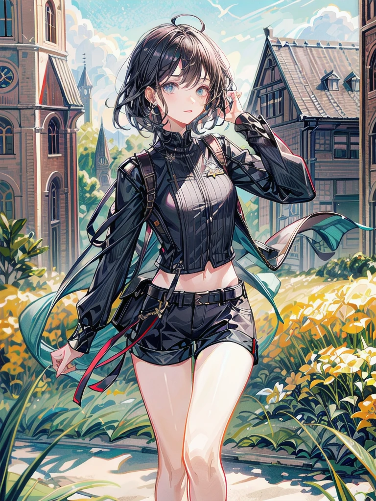 whole body, long sword, Black military uniform, Ladies' military vests, absurdres, RAW photo, extremely delicate and beautiful, masterpiece, Best Quality, ultra high resolution, 32k, hyperrealistic, ultra-detailed, tearful mole, earring, short medium hair, wavy hair, urban backdrop, shorts, midriff, 