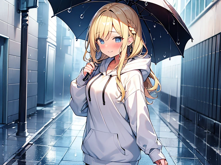 Top quality, (1 beautiful girl), junior high school student, Blonde, Braided hair, Medium Hair, Wavy Hair, standard weight, white hoodie, wet, delighted, blush, walking, umbrella, rainy, beautiful scene of alley, water drops, cowboy shot