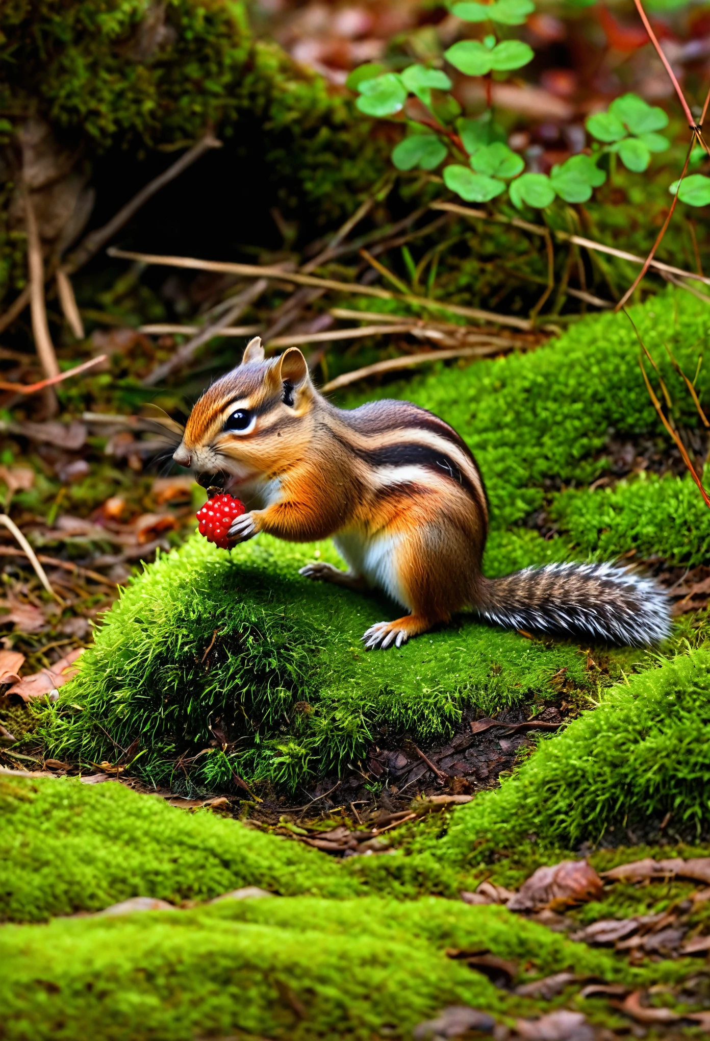 little chipmunk eating berries diagonally sideways on mossy ground, eating, beautiful fall, beautiful nature, forest creatures, fall forest, beautiful high resolution, nature, wildlife pictures, colorful 8 k, colorful hd picure, beautiful art uhd 4 k, 4k highly detailed digital art, colorful 4k, beautiful and colorful, 8k high quality detailed art