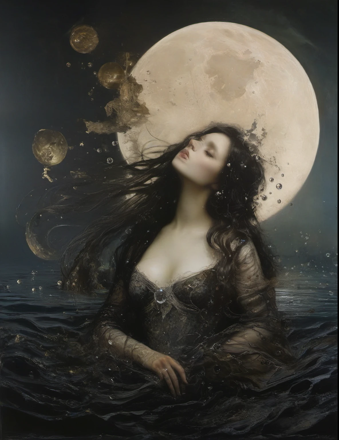 James Gurney, Surrealist art , dream-like, Mysterious, Provocative, symbolic, Complex, detailed,, (Gothic but very beautiful:1.4), (masterpiece, highest quality:1.4) , Nicola Samori Style, The moon kissed the mermaid , Water bubbles