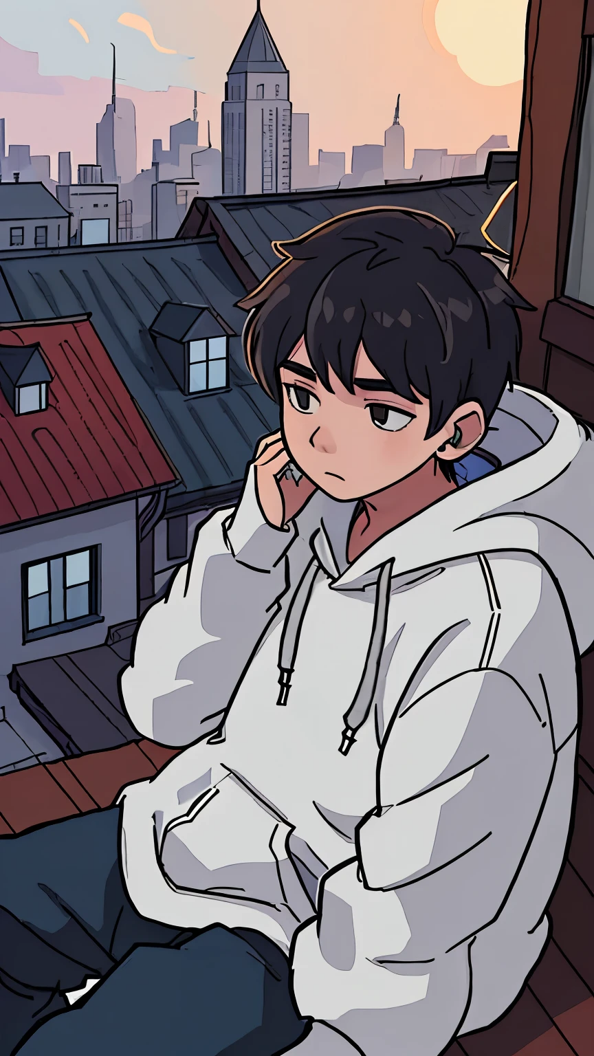A boy with hoodie sitting on a roof of building and listening to music with his headphone ,side view,