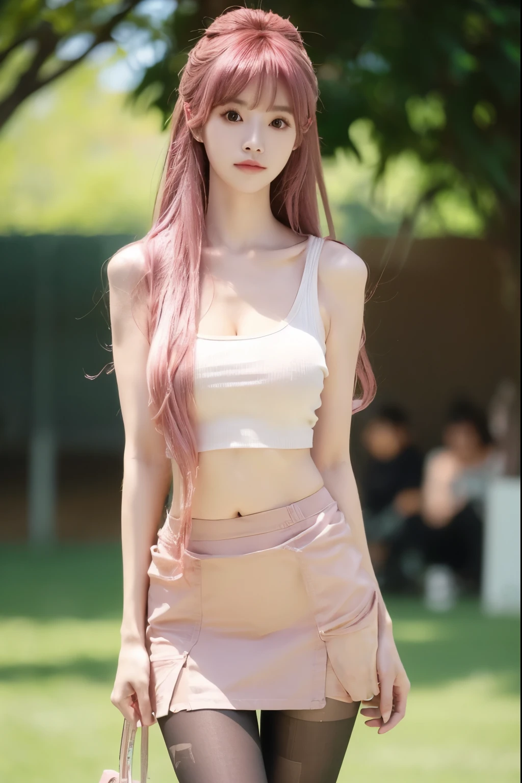 Beautiful woman with perfect body:1.4,Layered Hairstyle,Prominent cleavage,Highly detailed face and skin textures,Double eyelids,Skin Whitening,Long hair,Whitened long legs,Pink hair,(Tight T-shirt,miniskirt,Black pantyhose)Standing on the sports field