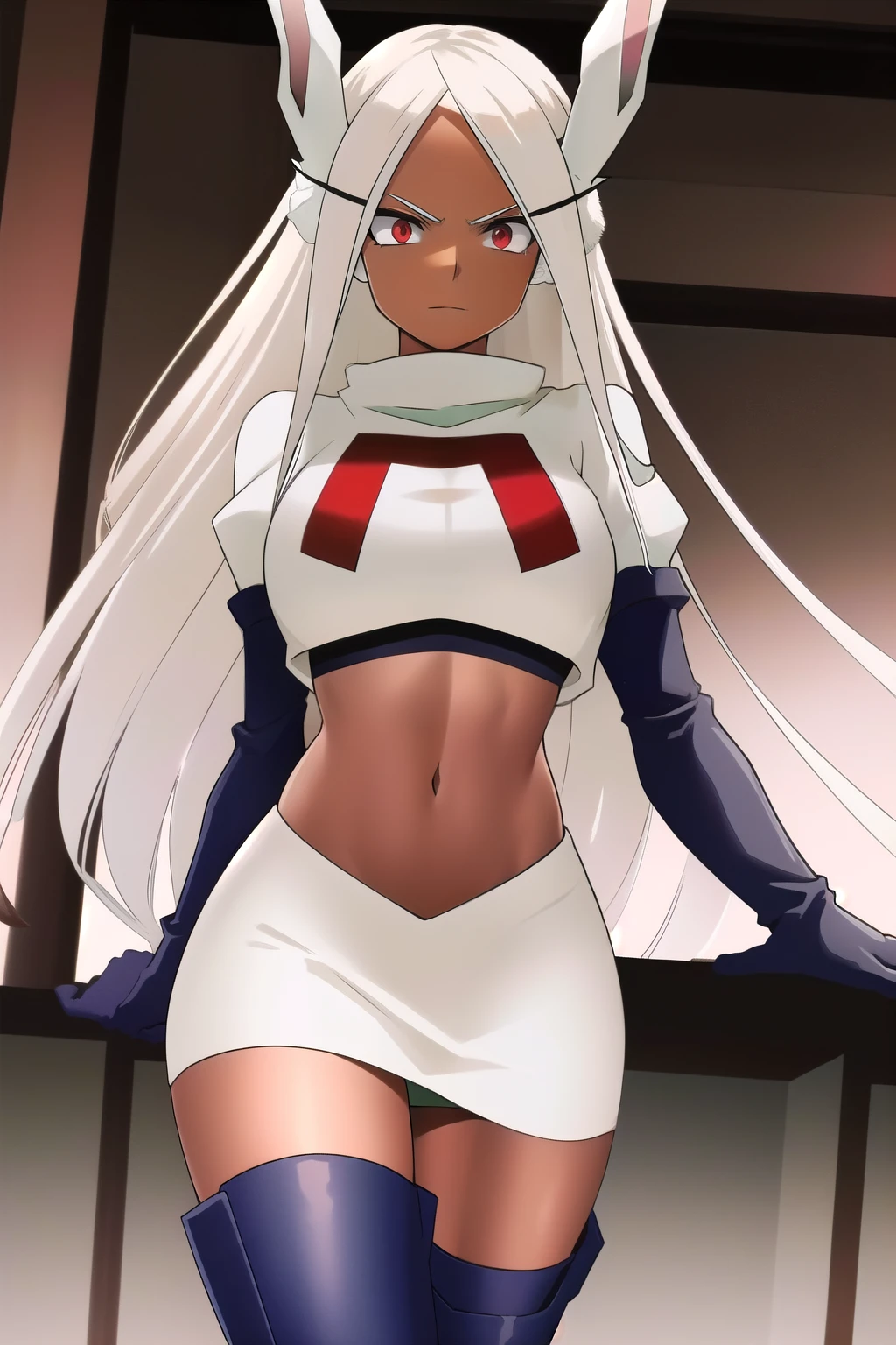 ((best quality)), ((highly detailed)), masterpiece, (detailed eyes, deep eyes), (1girl), (cowboy shot), mirkomha, boku no hero academia, white hair, very long hair, (red eyes), ((dark skin:1.3)), muscular female, rabbit ears, large breasts, team rocket,team rocket uniform,white skirt,red letter R,crop top,black thigh-highs,black elbow gloves