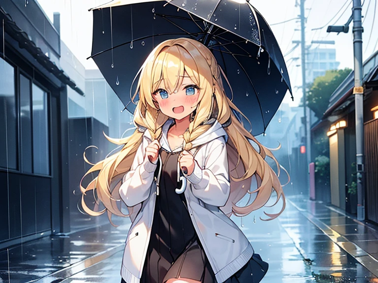 Top quality, (1 beautiful girl), junior high school student, Blonde, Braided hair, Medium Hair, Wavy Hair, standard weight, white hoodie, wet, laugh with an open mouth, blush, walking, umbrella, rainy, beautiful scene of alley, water drops, cowboy shot