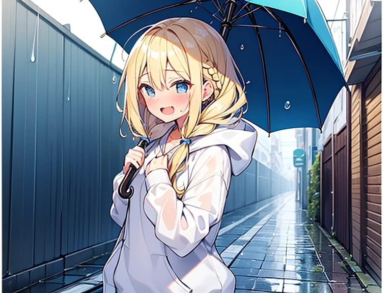 Top quality, (1 beautiful girl), junior high school student, Blonde, Braided hair, Medium Hair, Wavy Hair, standard weight, white hoodie, wet, laugh with an open mouth, blush, walking, umbrella, rainy, beautiful scene of alley, water drops, cowboy shot