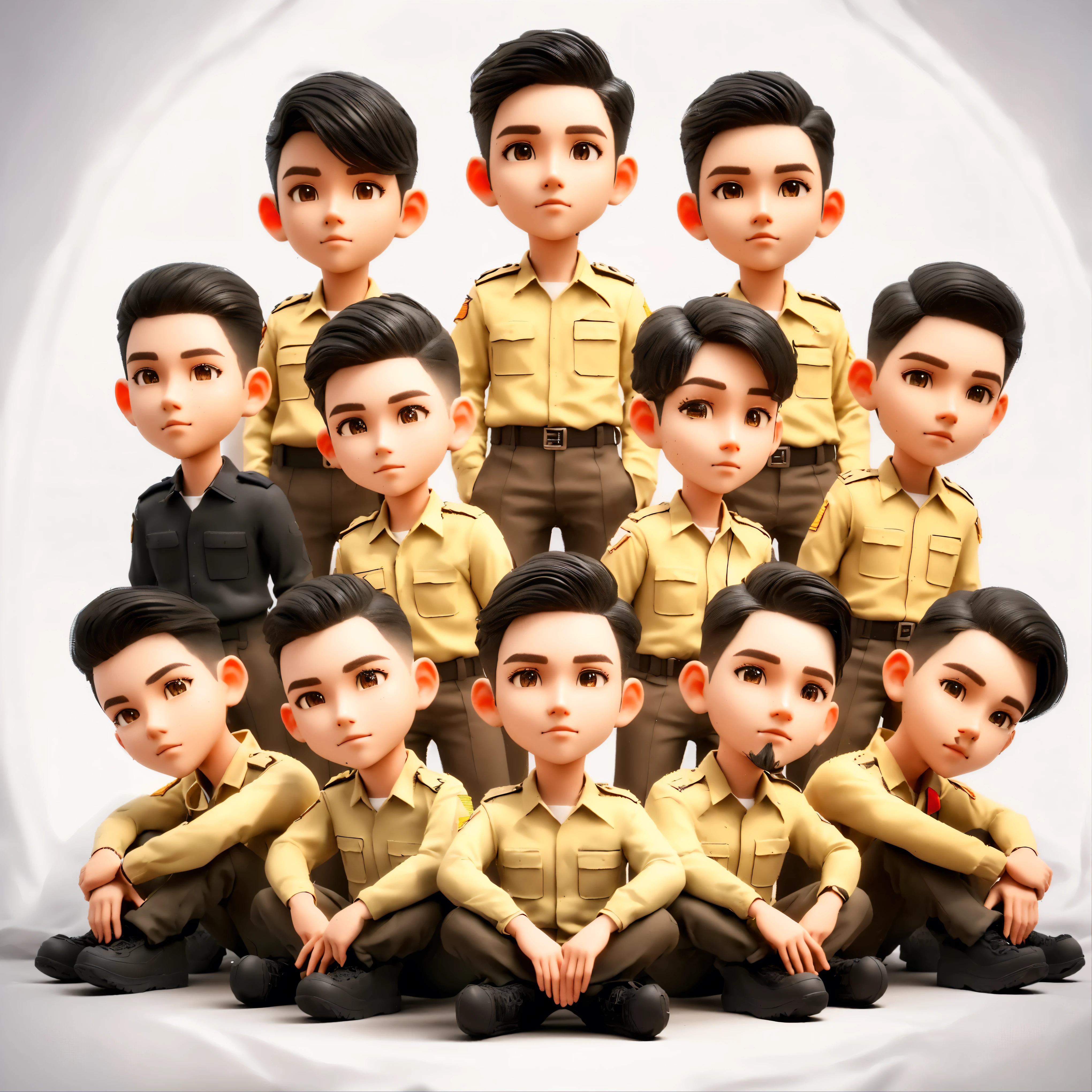 there are many people in uniform posing for a picture, scout boy, 3d characters, realistic soldiers, boy scout troop, army, 3 d cartoon, cute 3 d render, inspired by Rudy Siswanto, soldiers, official fanart, highly detailed characters, 3 d render stylized, digital art!!, characters 8k symmetrical, realistic 3 d style